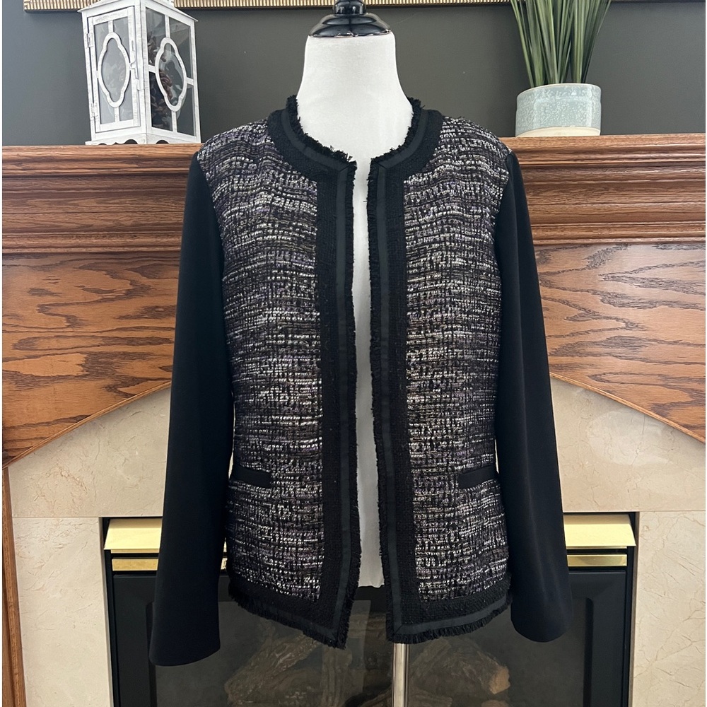 Chico's Wool Blend Fringe Tweed Blazer Jacket Size Large (2 Chico's Sizing)